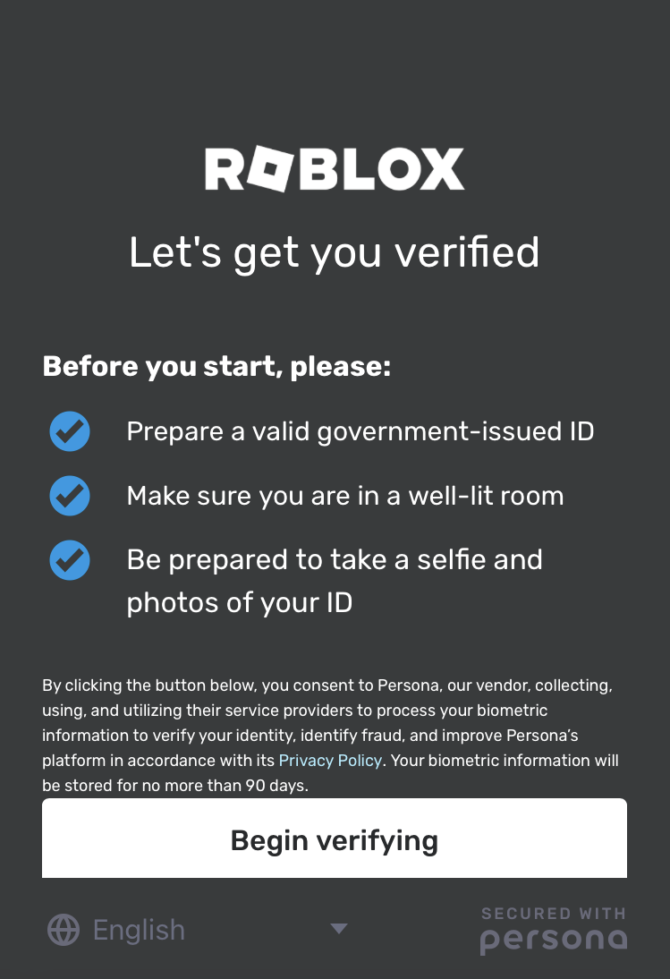 Verificação de idade por identidade – Suporte Roblox