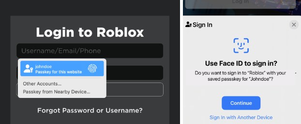 Iniciar sesión con una clave de acceso – Roblox Soporte