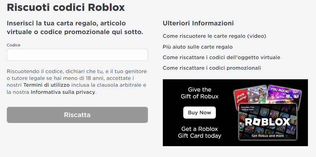 Come riscattare un codice promozionale? Supporto Roblox